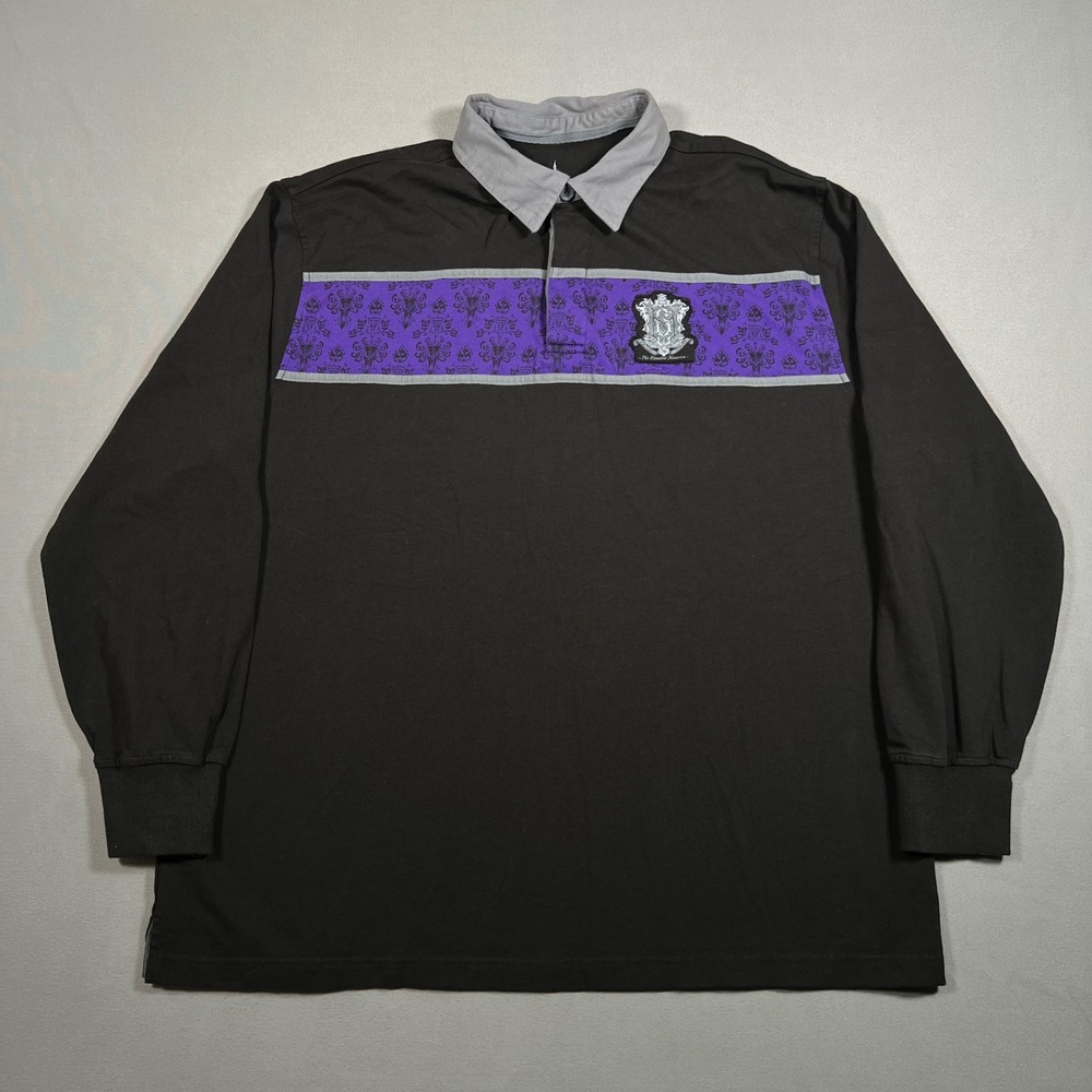 Disney The Haunted Mansion Rugby Polo Shirt XL Black Purple Long Sleeve Crest